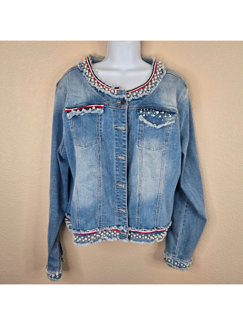 Bebe Womens XL Denim Jacket Pearls Distressed Frayed Hem